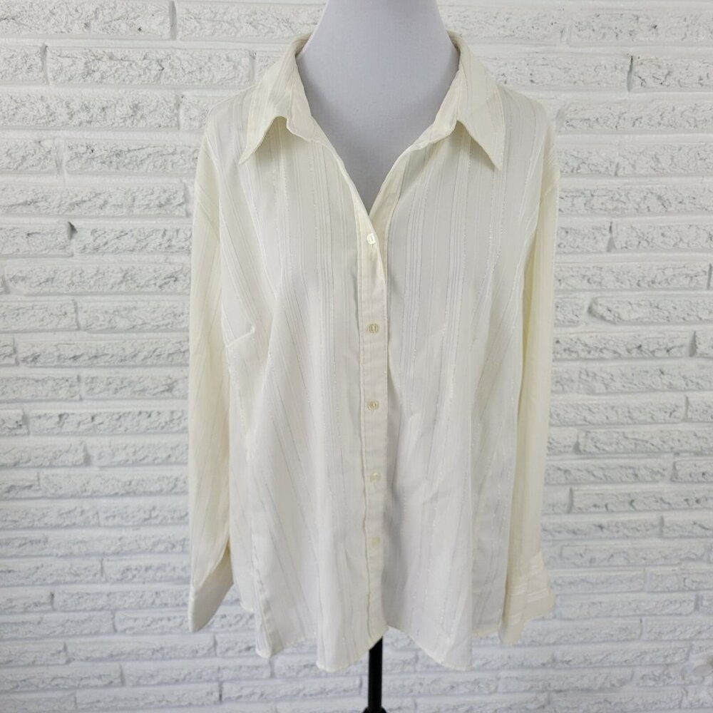 Apt 9 Womens Shirt 3X Plus Button Up Long Sleeves White Striped Metallic WHI4E